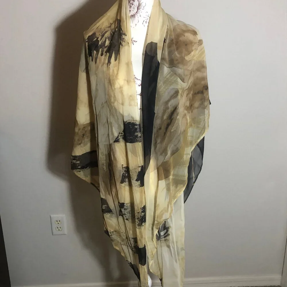 Gottex Sheer Floral Silk Scarf Wrap – Neutral Gold & Black